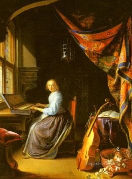 Gerrit Dou Painting - A Woman Playing A Clavichord Golden Age Gerrit Dou